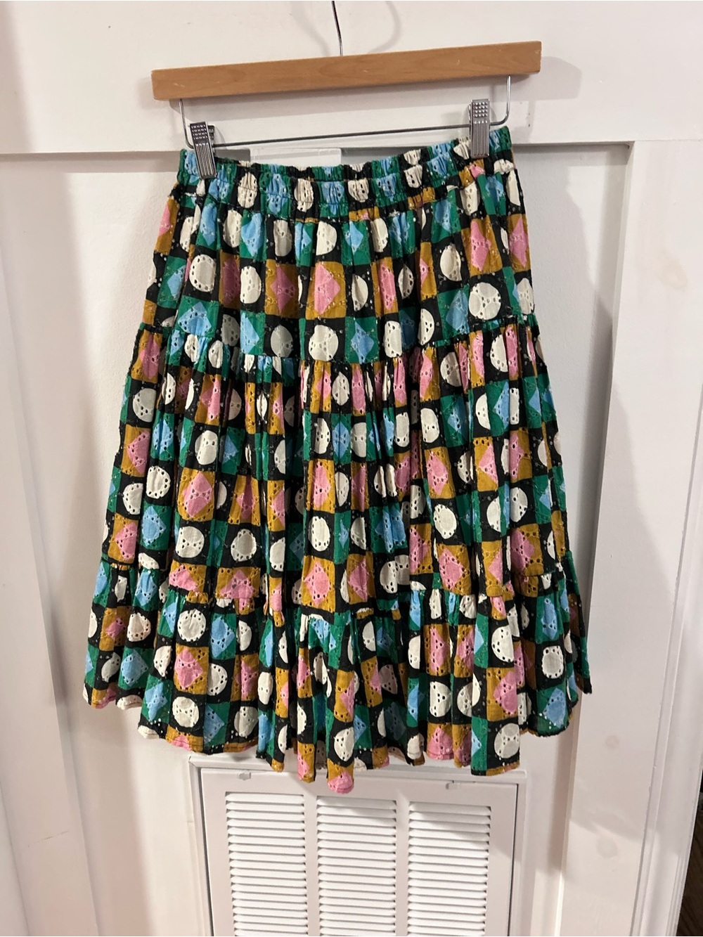 La DoubleJ Editions Love Skirt M Multicolor Eyelet Cotton Tiered Midi Skirt